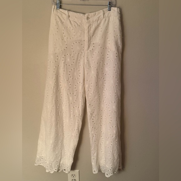 Sundance Cotton White Wide-leg Eyelet Trousers Women’s P8 Preppy Coastal - Picture 3 of 6